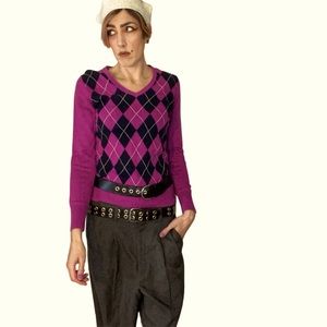 Tommy Hilfiger Fuchsia / Black Argyle Pima Cotton Fitted Sweater Size Medium